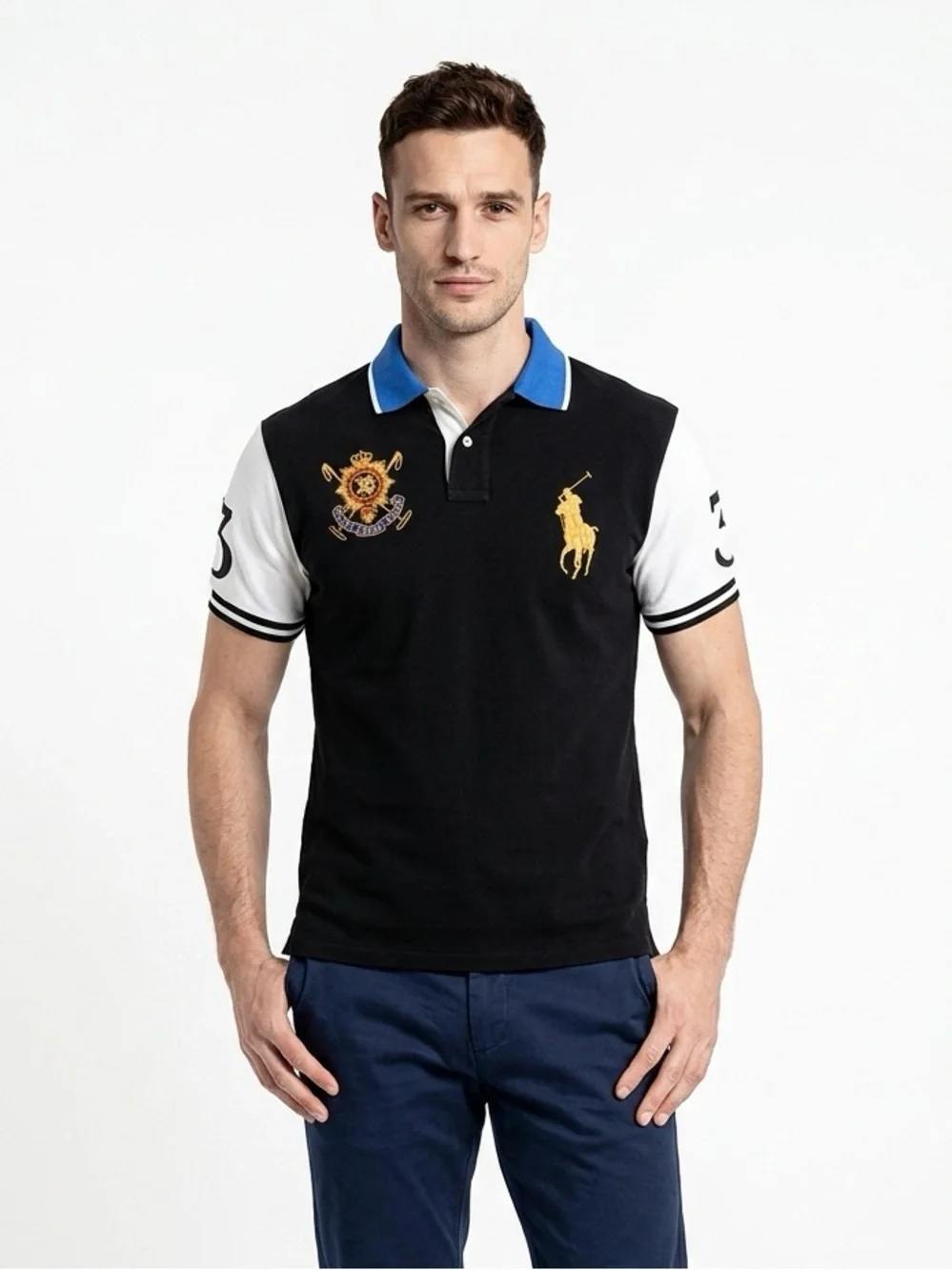 Polo Ralph Lauren Black Watch Polo Team Crest Shirt Custom Fit XL Black Blue